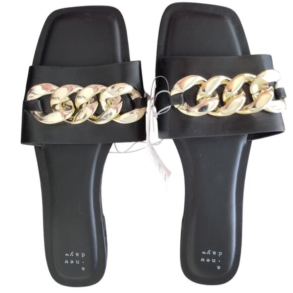 a new day | NEW Black Vegan Leather Chunky Gold Chain Accent Slide Sandals 11 - Picture 1 of 6